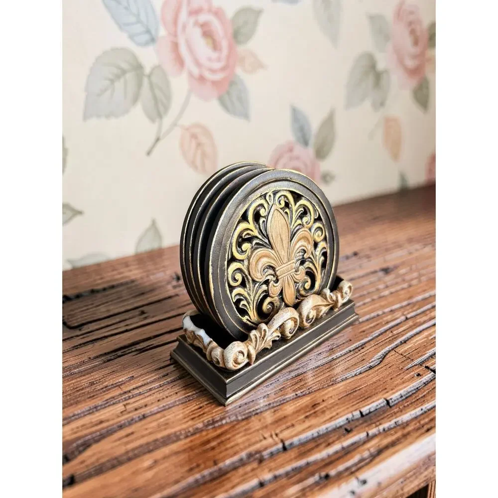 Fleur de Lis Coasters Set of 4 with Ornate Holder Black Gold French Decor
